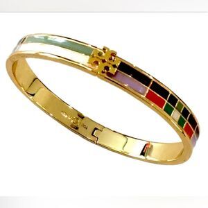 TORY BURCH MULTICOLORED LACQUERED ENAMEL LOGO BRACELET